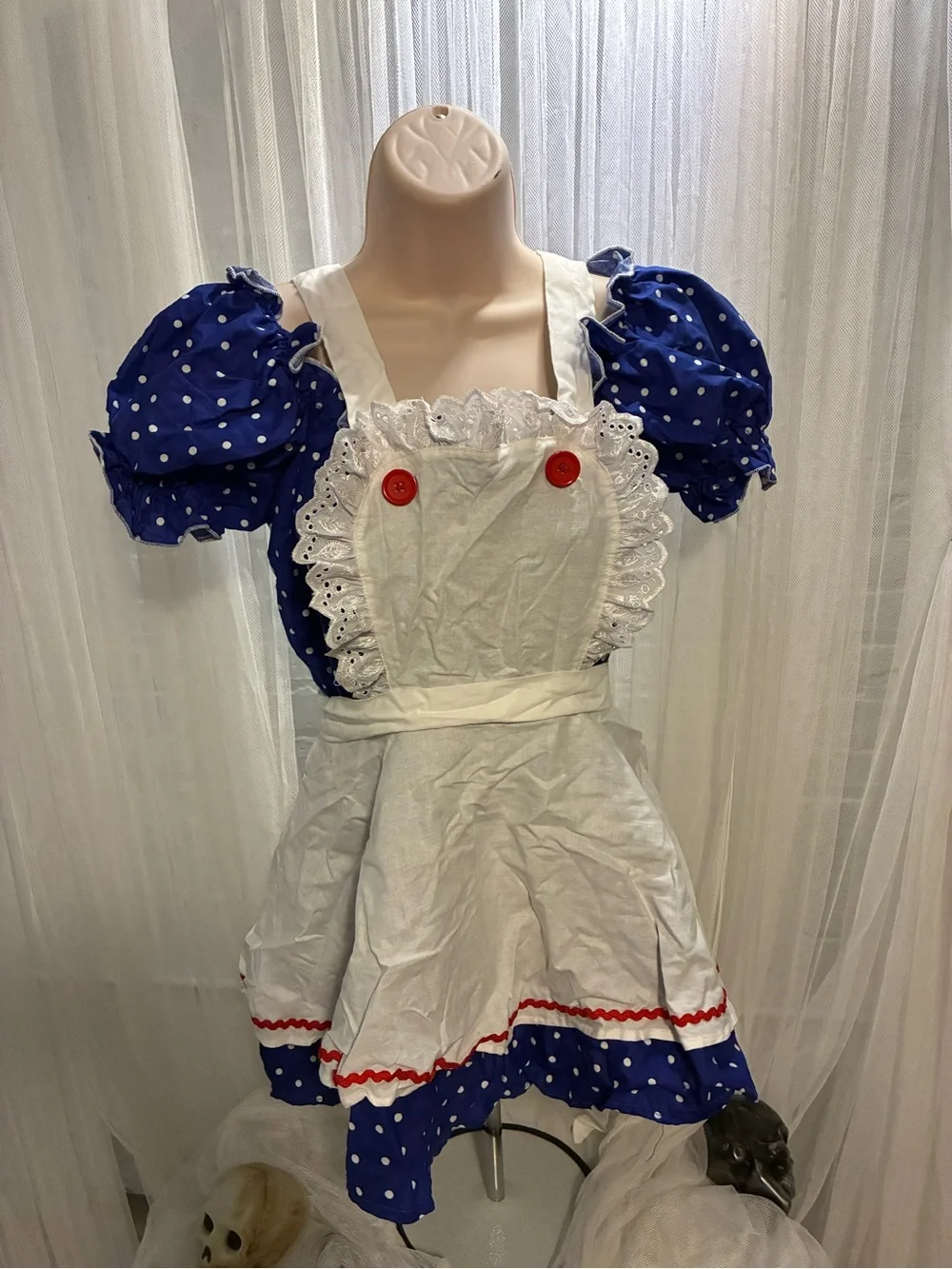 Kids Raggedy Ann-Inspired Costume Dress with Bonnet - Blue & White
